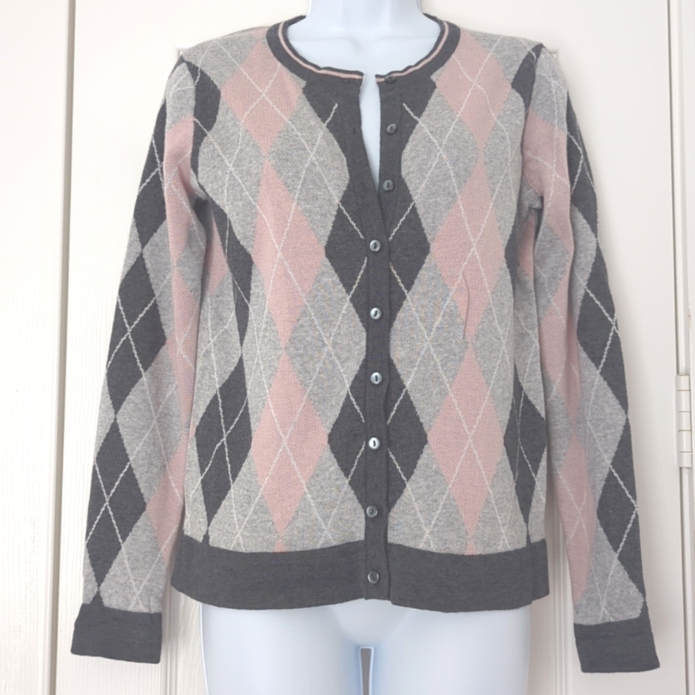 Charter Club argyle gray and pink cardigan sweater